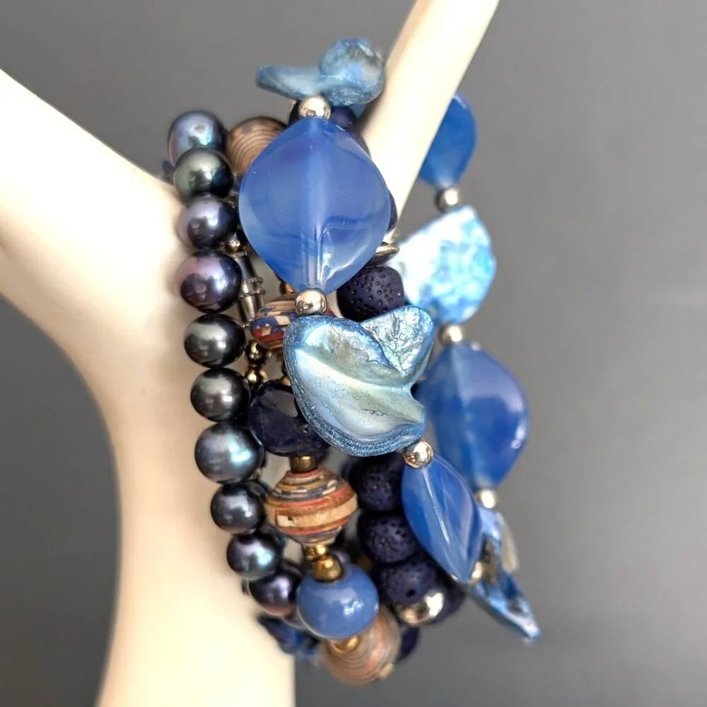 5 shades of blue layering beaded bracelets